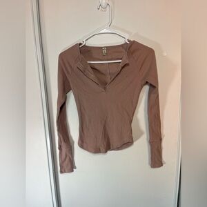 Free People Layering Top XS Tan Thermal Rib Knit Henley Lounge Billie